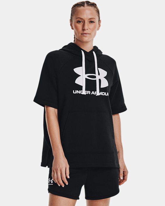 Sweat à capuche et manches courtes UA Rival Fleece pour femmes, Black, pdpMainDesktop image number 0